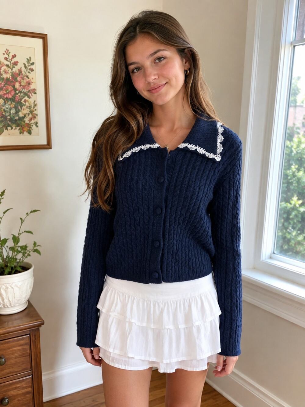 NWT All In Favor Soft Cable Knit Lace Trim Collar Cardigan Blue Women's Large